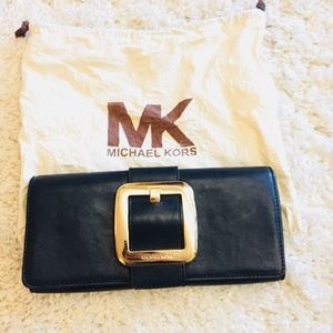 Michael kore leather black clutch gold hardware